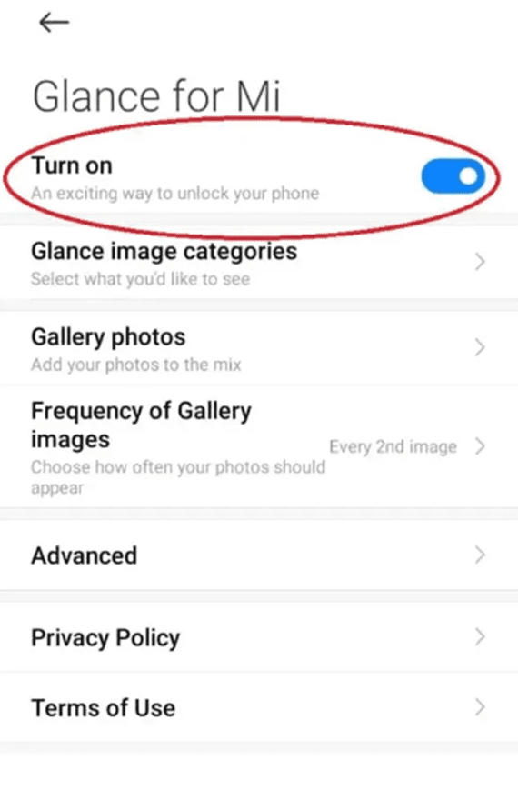 step 4 of how to turn off Glance in Mi